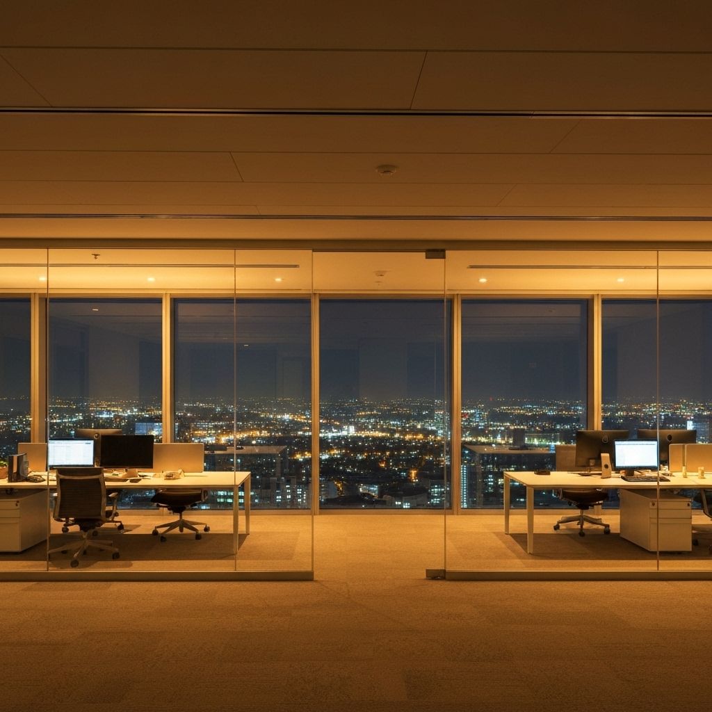 Modern office with lights at night